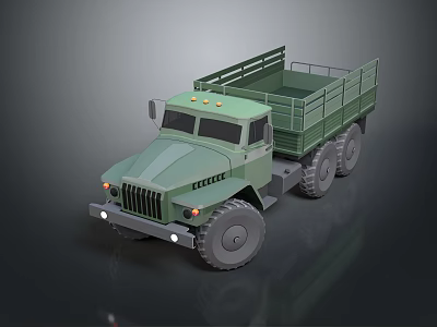 Green Military Cargo Truck with Open Bed Six Wheels Front Lights and Rugged Design 3d model