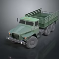 Green Military Cargo Truck with Open Bed Six Wheels Front Lights and Rugged Design