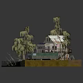 Wooden House With Solar Panels On Roof And Wooden Stairs Near Tall Trees And Old Vehicle