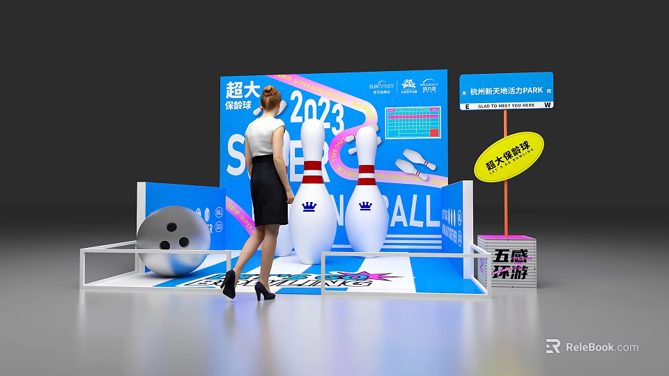 Large 2023 Bowling Event Scene With Woman Bowling Pins And Billboard 3d model 