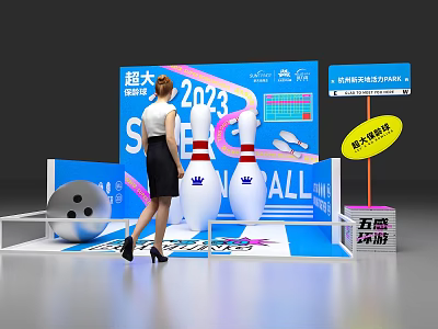 Large 2023 Bowling Event Scene With Woman Bowling Pins And Billboard 3d model