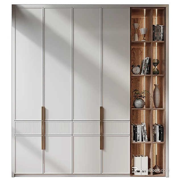 Modern White Wardrobe With Sleek Metal Handles And Minimalist Door Design 3d model 