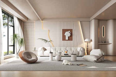 Quiet living room cream living room sofa tea table combination floor lamp carpet pendant 3d model