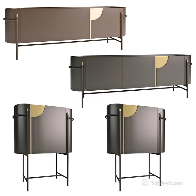 Modern Entryway Cabinet and Sideboard with Dark Gray Finish Gold Accents and Metal Legs 3d model 