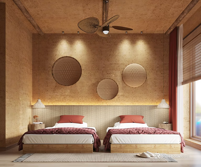 Cozy Bedroom Interior With Twin Beds Circular Decor Ceiling Fan And Wooden Walls 3d model 