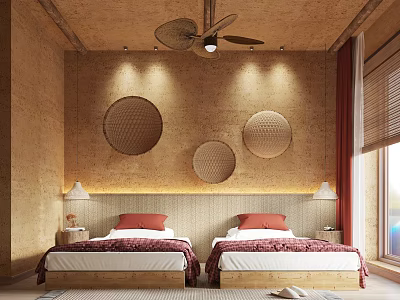 Cozy Bedroom Interior With Twin Beds Circular Decor Ceiling Fan And Wooden Walls 3d model