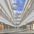Modern Shopping Mall Atrium With Glass Skylight Chandeliers Multi Level Corridors And Storefronts