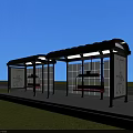 Modern Urban Bus Stop Shelter With Red Seats And Green Trees