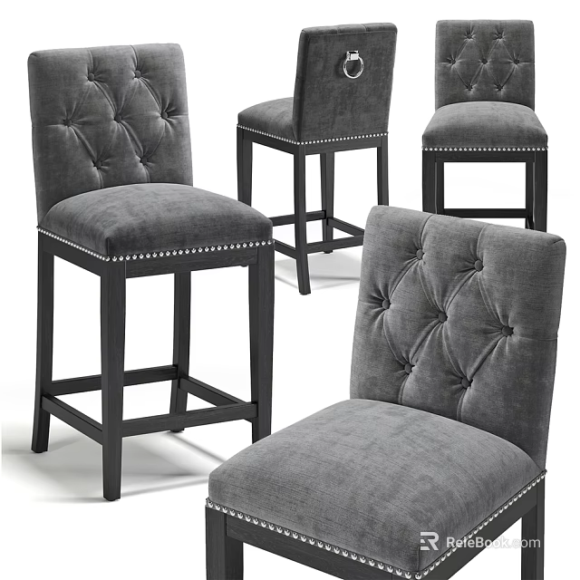 Modern Gray Bar Stools With Tufted Backrest Nailhead Trim And Wooden Legs For Home Bar 3d model 