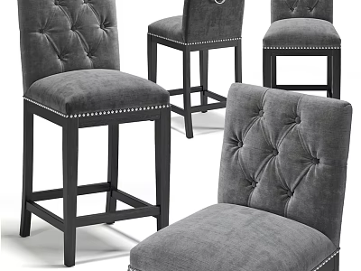 Modern Gray Bar Stools With Tufted Backrest Nailhead Trim And Wooden Legs For Home Bar 3d model