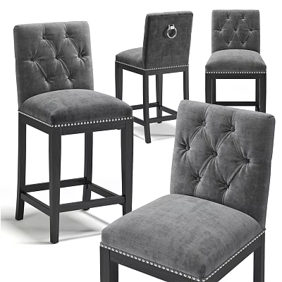 Modern Gray Bar Stools With Tufted Backrest Nailhead Trim And Wooden Legs For Home Bar 3d model