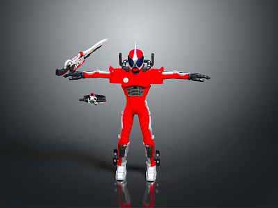 Red Robot Character In Armor Helmet With Blue Eyes Holding Sword And Small Aircraft 3d model