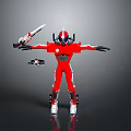 Red Robot Character In Armor Helmet With Blue Eyes Holding Sword And Small Aircraft
