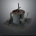 Rusted Cylindrical Tank Industrial Setup With Pipes Valve And Brick Base