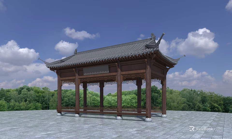 Ancient Chinese Wooden Pavilion with Gray Tiled Roof Surrounded by Green Trees Under Blue Sky 3d model 