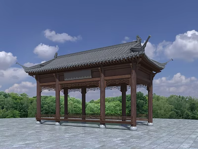 Ancient Chinese Wooden Pavilion with Gray Tiled Roof Surrounded by Green Trees Under Blue Sky 3d model