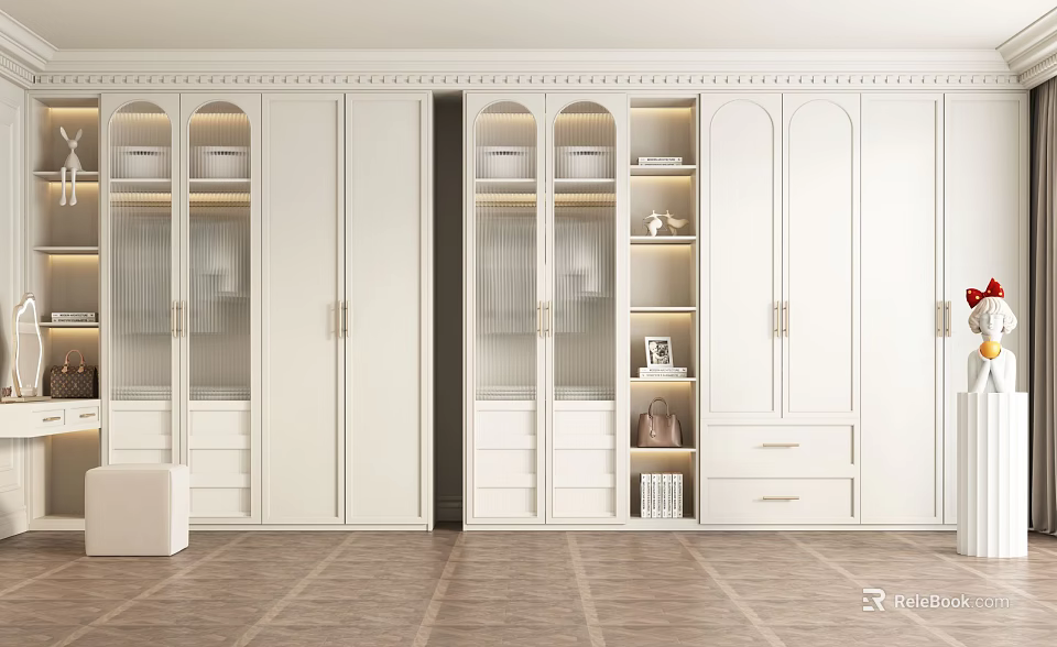 White Modern Wardrobe With Glass Doors Built in Shelves and Drawers 3d model 