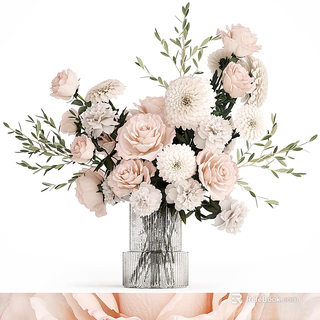 Pink And White Roses Daisies Floral Arrangement In Transparent Glass Vase With Green Leaves 3d model 