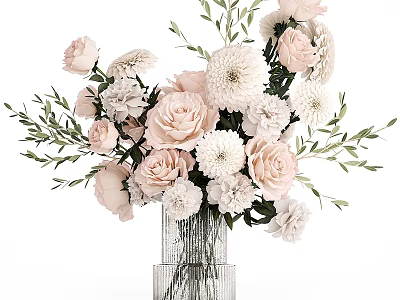 Pink And White Roses Daisies Floral Arrangement In Transparent Glass Vase With Green Leaves 3d model