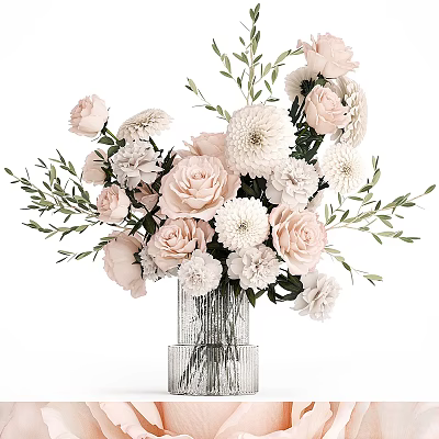 Pink And White Roses Daisies Floral Arrangement In Transparent Glass Vase With Green Leaves 3d model
