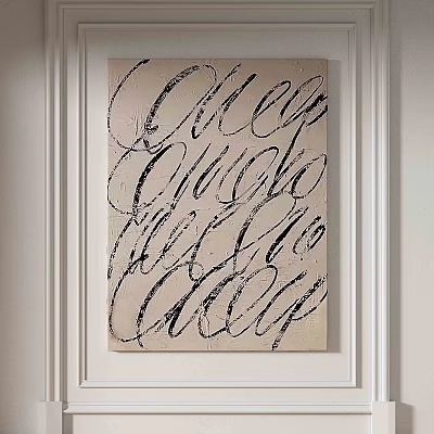 Minimalist Abstract Painting With Black Handwritten Text And Light Background On White Wall 3d model