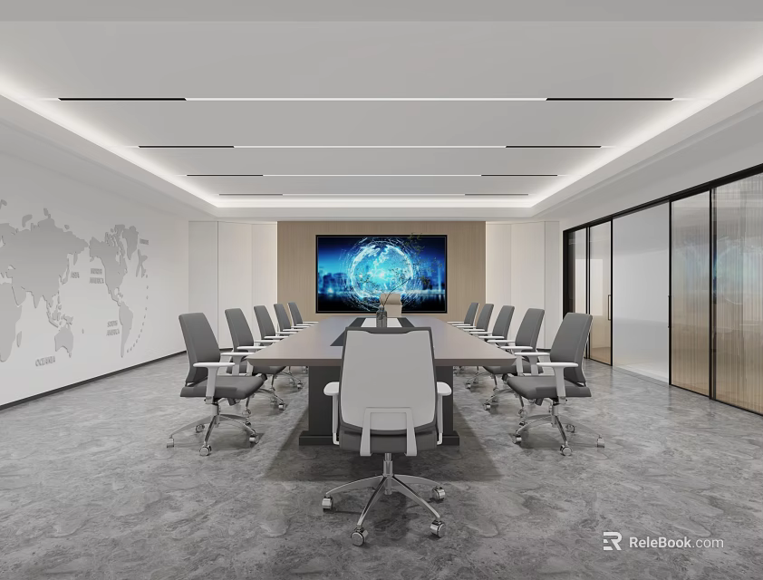 Modern Conference Room With Long Table Gray Chairs World Map Mural And Large Blue Screen 3d model 