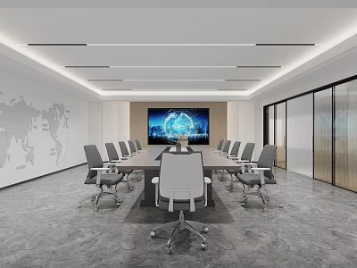 Modern Conference Room With Long Table Gray Chairs World Map Mural And Large Blue Screen 3d model