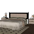 Double Bed with Woven Headboard Beige Blanket Floral Pillows Nightstands Lamp Plant Wooden Floor Rug