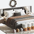 Cozy Modern Double Bed Interior With Soft Headboard Decorative Pillows Side Nightstands And Round Stools 3d model