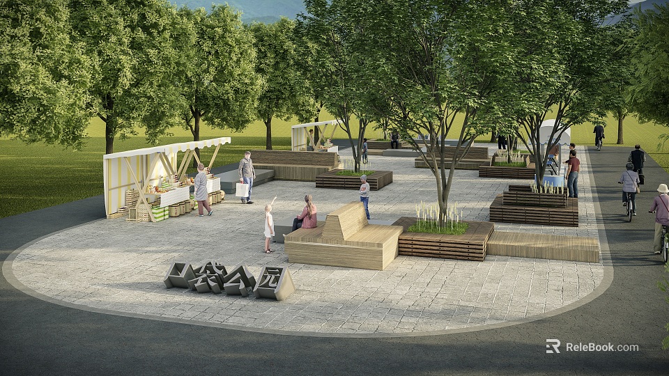 Beautiful Park Landscape With Trees Wooden Benches And People Enjoying Outdoor Activities 3d model 