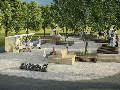 Beautiful Park Landscape With Trees Wooden Benches And People Enjoying Outdoor Activities 3d model