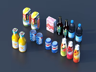 Assorted Beverages Including Bottled Juices Canned Sodas Glass Bottles and Carton Packages 3d model