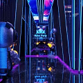 Modern KTV Corridor With Purple Blue Lighting Mirror Walls And Reflective Floor