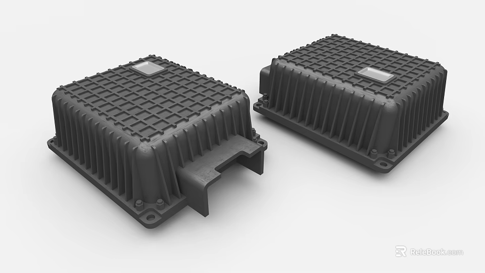 Black Industrial Equipment With Grid Patterned Surface And Heat Sink Fins 3d model 