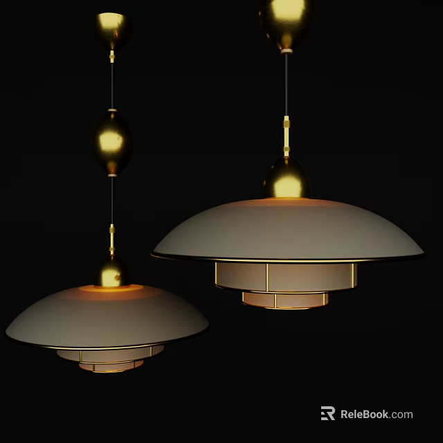 Modern Pendant Lights With Golden Accents And Dome Shaped Shades Against Black Background 3d model 