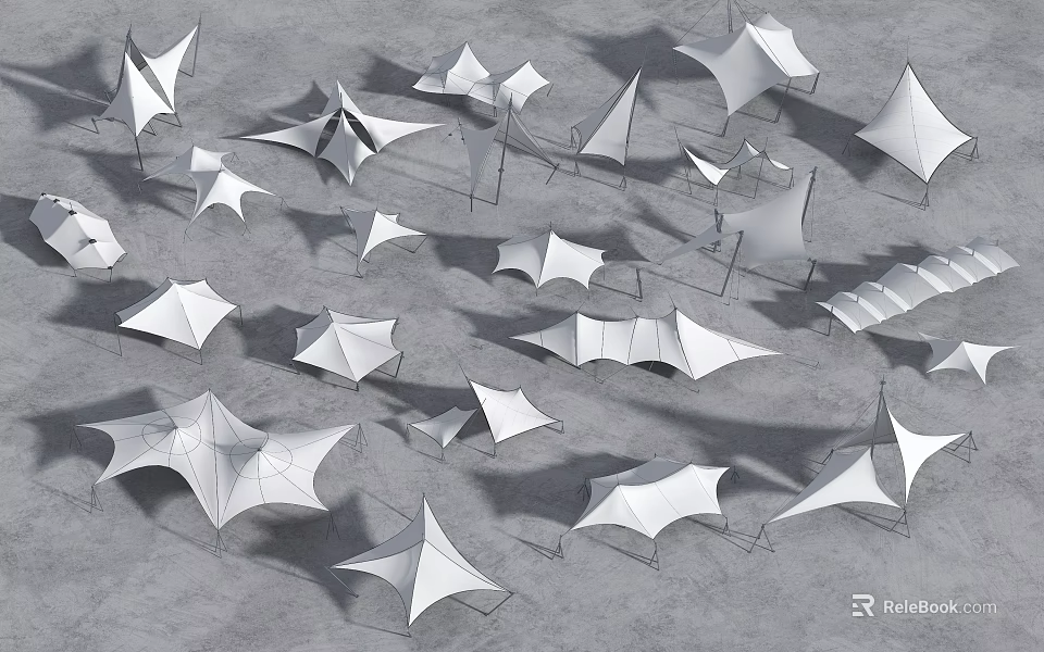 Multiple Tensile Membrane Structures with Different Geometric Shapes in Outdoor Setting 3d model 