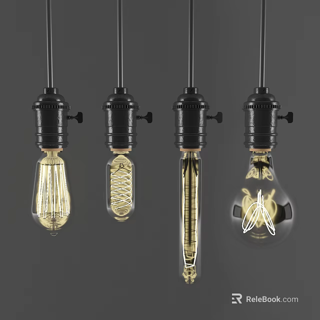 Vintage Industrial Pendant Lights With Black Bases And Various Filament Bulb Designs 3d model 