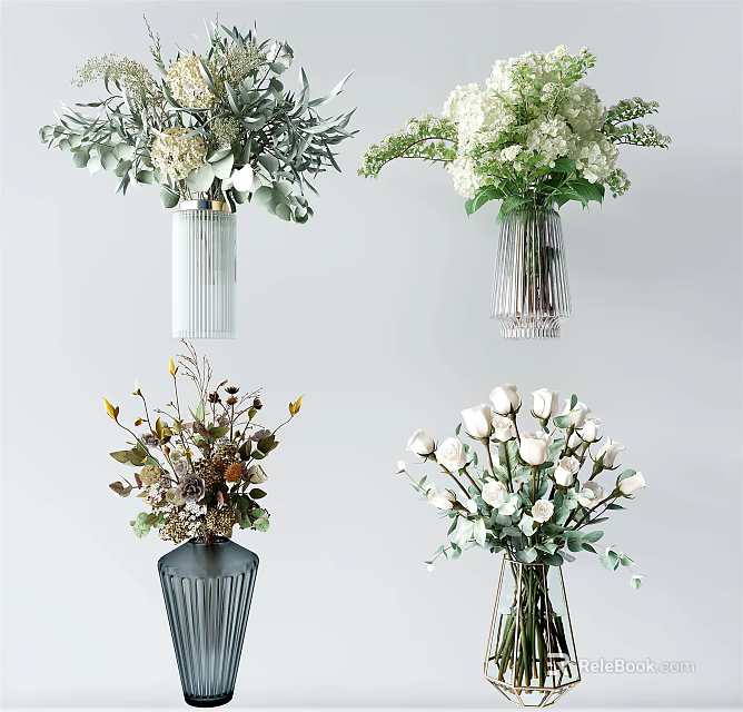 Elegant Vase Flower Arrangements with Roses Hydrangeas in Glass and Striped Vases 3d model 