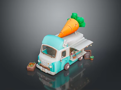 Cute Blue And White Food Truck With Large Carrot On Top And Chalkboard Menu 3d model