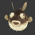 Puffer Fish Game Movie Character with Puffed Body Big Eyes Spikes and Fins