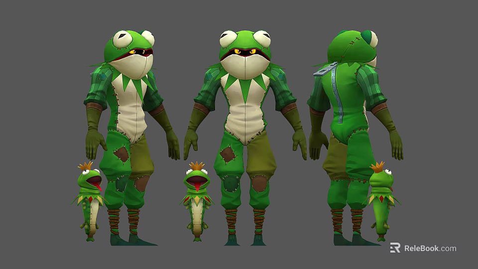 Man In Green Frog Costume With Patched Outfit And Small Frog Characters In 3D Design 3d model 