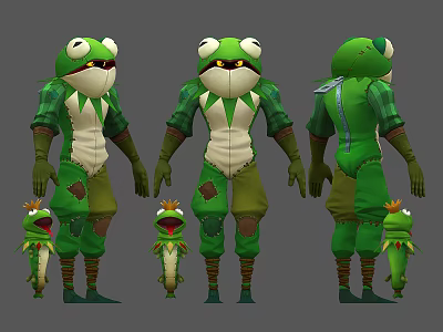 Man In Green Frog Costume With Patched Outfit And Small Frog Characters In 3D Design 3d model