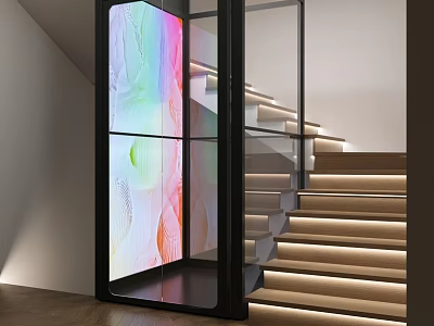 Stylish Glass Elevator With Colorful Artistic Design And Illuminated Staircase Interior 3d model
