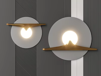 Modern Circular Wall Lamps With Golden Brackets Illuminated On Gray Textured Wall 3d model