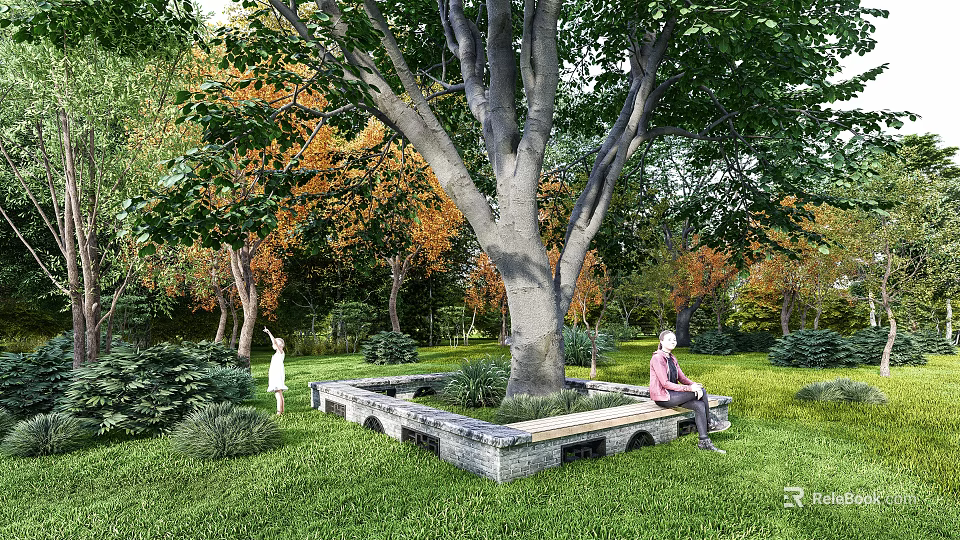 Stone Landscape Seat Surrounding Large Tree in Lush Green Lawn With People Relaxing 3d model 