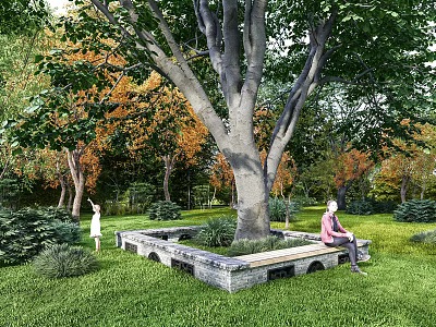 Stone Landscape Seat Surrounding Large Tree in Lush Green Lawn With People Relaxing 3d model