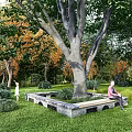 Stone Landscape Seat Surrounding Large Tree in Lush Green Lawn With People Relaxing