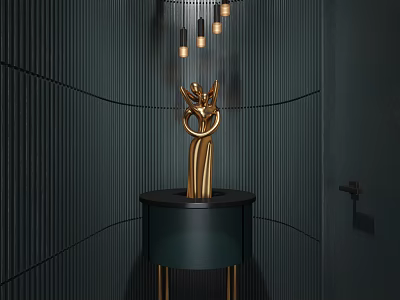 Elegant Decorative Console Table With Golden Sculpture Pendant Lights And Vertical Striped Dark Walls 3d model