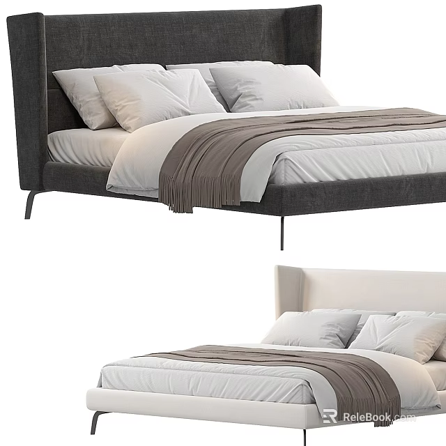 Modern Double Bed With Gray Headboard White Bedding And Brown Blanket 3d model 