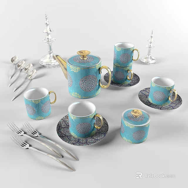 Blue And Gold Patterned Tableware Set With Teapot Mugs Saucers Forks And Spoons 3d model